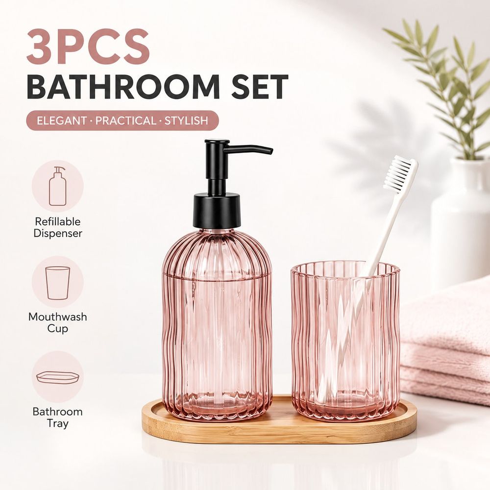 Bamboo Toothbrush Set - Groene badkameraccessoireset met 400ml navulbare zeepdispenser,