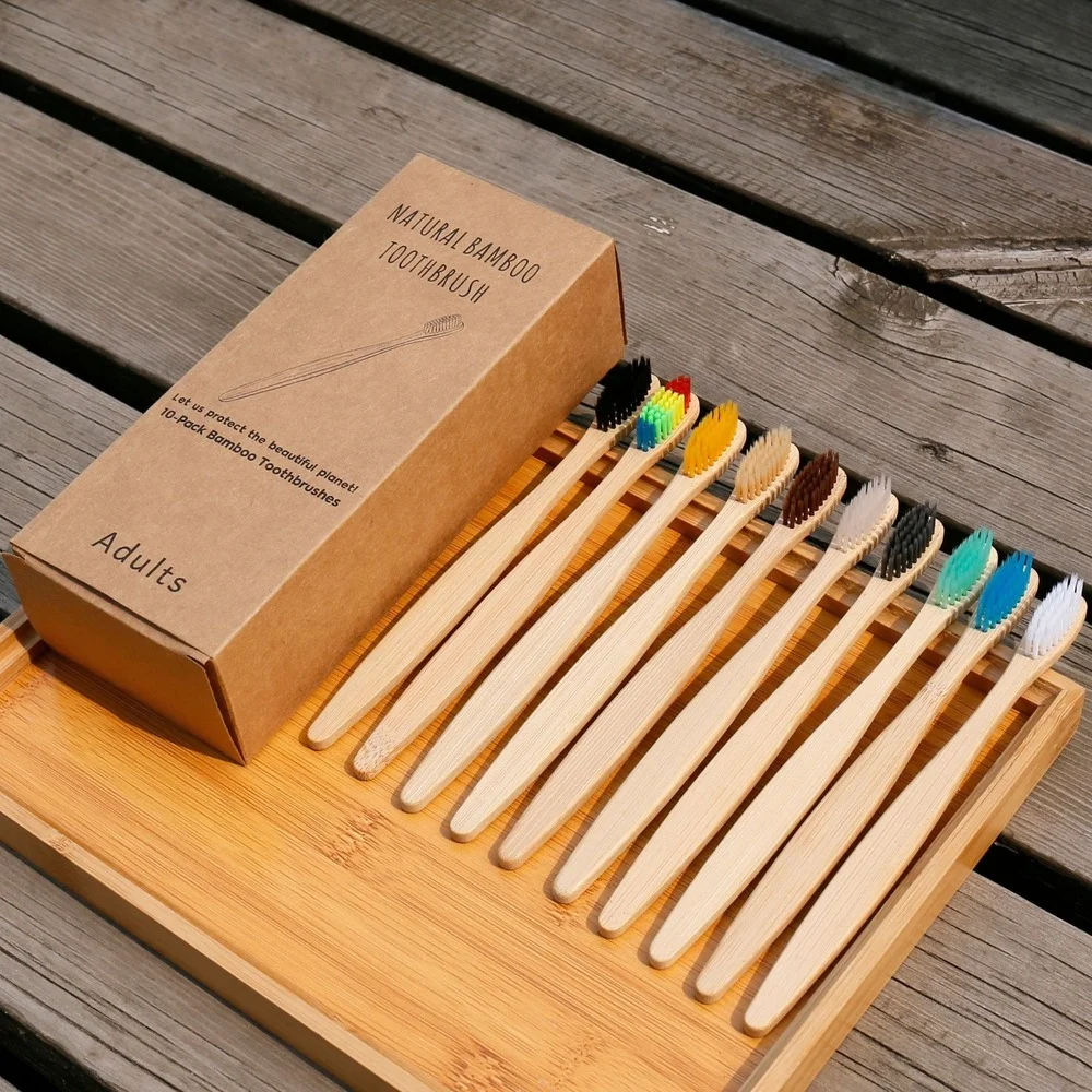 Bamboo Toothbrush Set - 10 STKS Kleurrijke Tandenborstel Natuurlijke Bamboe